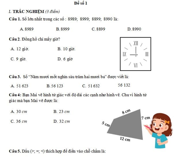 Đề thi giữa học kì 2 môn Toán lớp 3 Kết nối tri thức