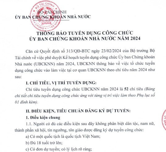 Thông báo kế hoạch tuyển dụng công chức Ủy ban Chứng khoán Nhà nước năm 2024