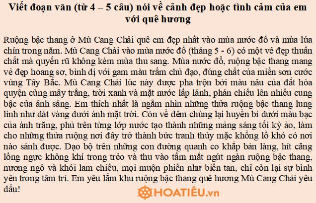 Viết đoạn văn (từ 4 – 5 câu) nói về cảnh đẹp hoặc tình cảm của em với quê hương lớp 4