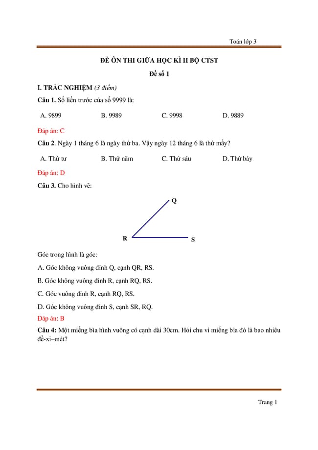 Đề thi giữa kì 2 lớp 3 môn Toán Chân trời sáng tạo