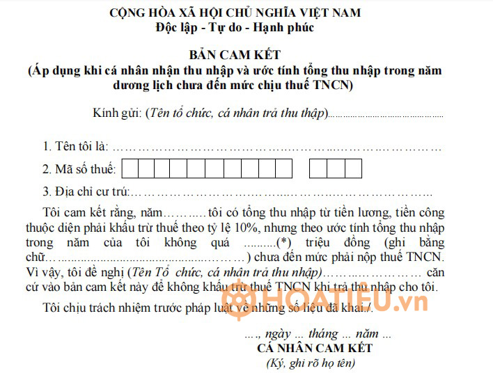 Mẫu cam kết nộp thuế