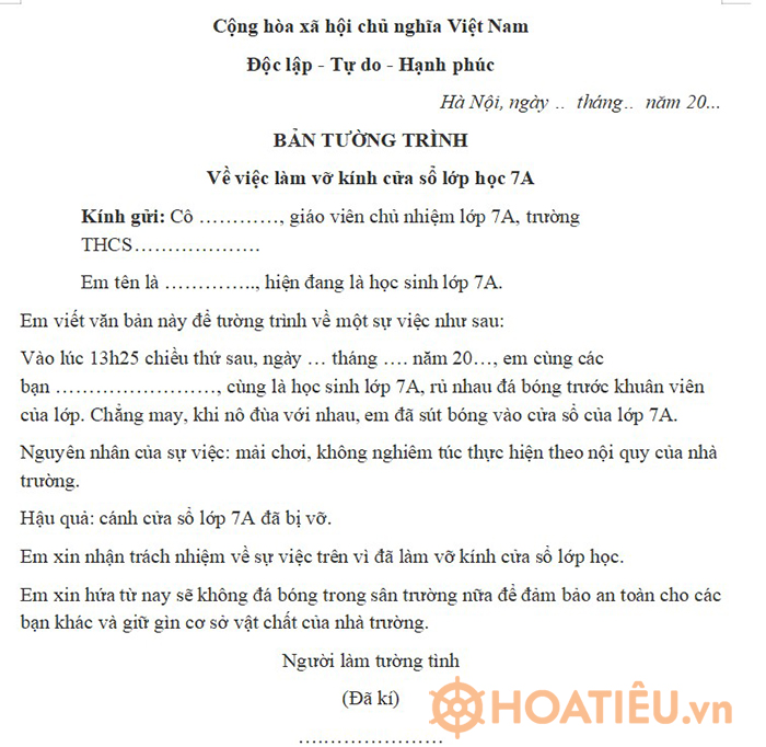 Viết văn bản tường trình lớp 7 trang 58