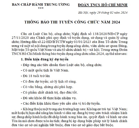 Thông báo kế hoạch tuyển dụng công chức Trung ương Đoàn TNCS Hồ Chí Minh năm 2024