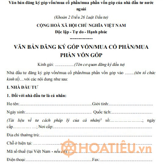Mẫu A.I.7: Văn bản đăng ký góp vốn/mua cổ phần/mua phần vốn góp