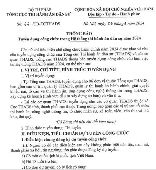 Tổng cục THADS thông báo kế hoạch thi công chức ngành thi hành án dân sự 2024