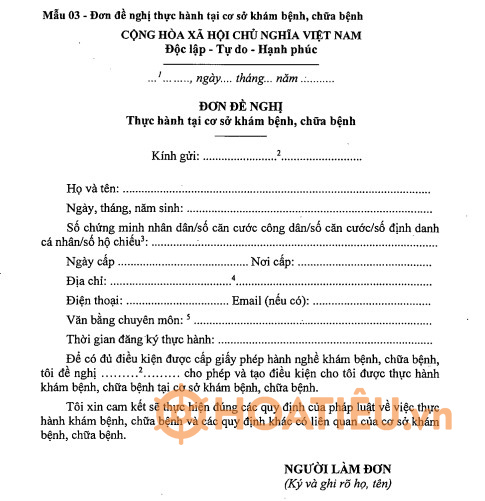 Mẫu đơn xin thực hành tại cơ sở khám bệnh, chữa bệnh