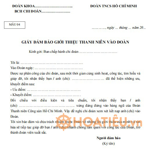 Mẫu giấy giới thiệu thanh niên vào đoàn