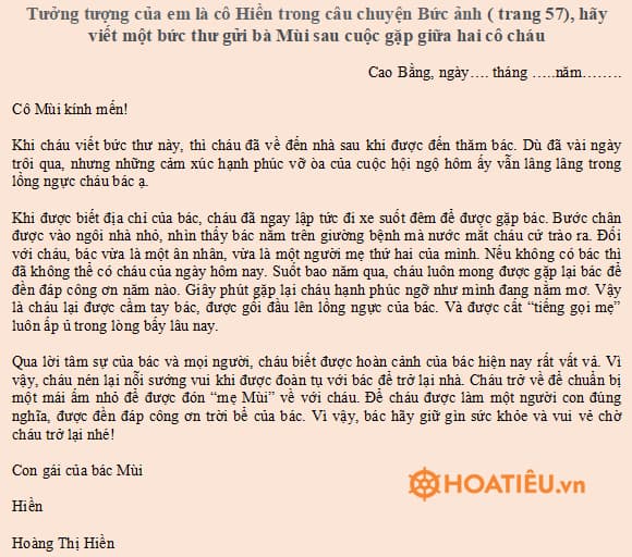 viết một bức thư gửi bà Mùi sau cuộc gặp giữa hai cô cháu