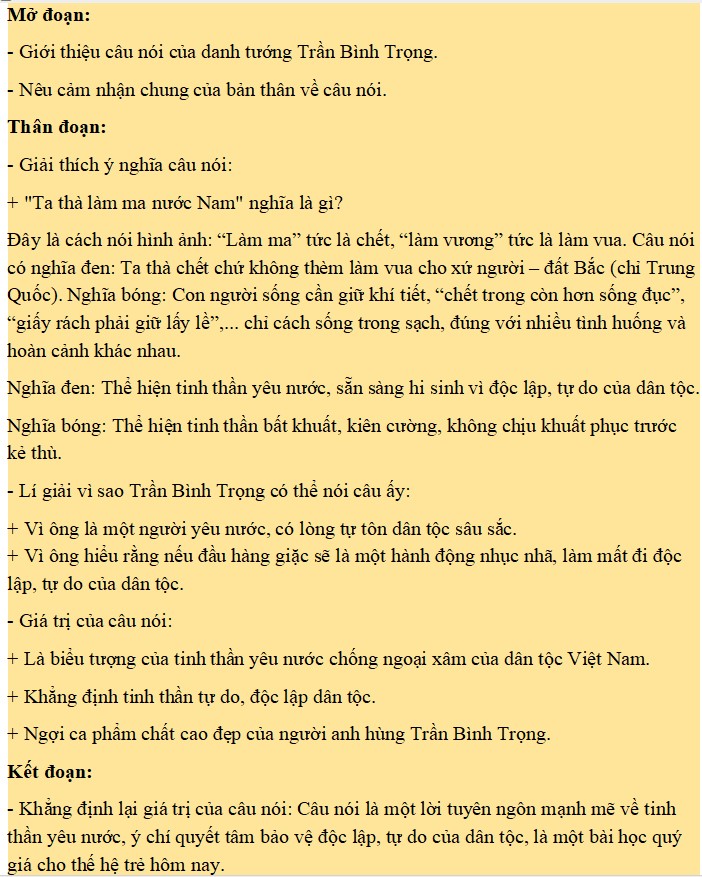 Dàn ý suy nghĩ câu nói Ta thà làm ma nước Nam chứ không thèm làm vương đất Bắc