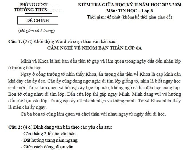 Đề thi giữa kì 2 Tin học lớp 6 sách Kết nối tri thức với cuộc sống