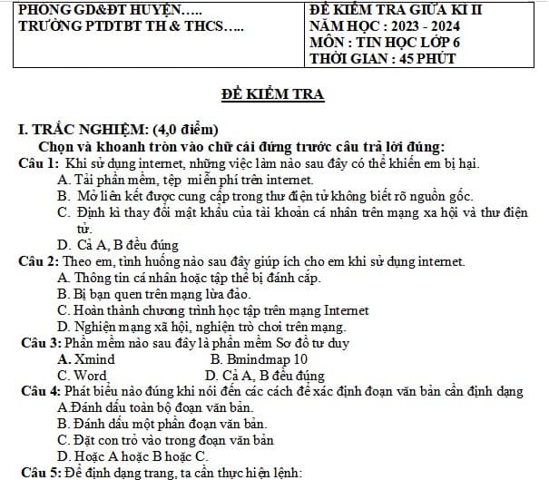 Đề thi giữa kì 2 Tin học lớp 6 sách Kết nối tri thức với cuộc sống