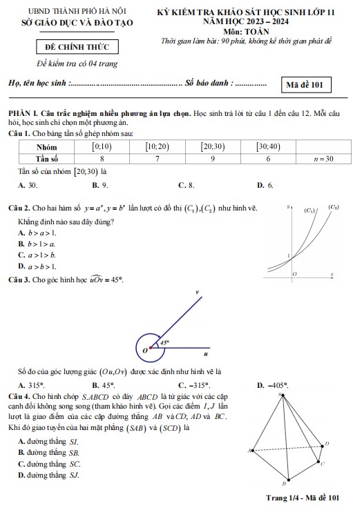 Đề thi khảo sát chất lượng lớp 11 môn Toán Hà Nội 2024