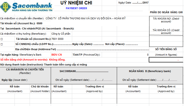 Mẫu ủy nhiệm chi ngân hàng Sacombank