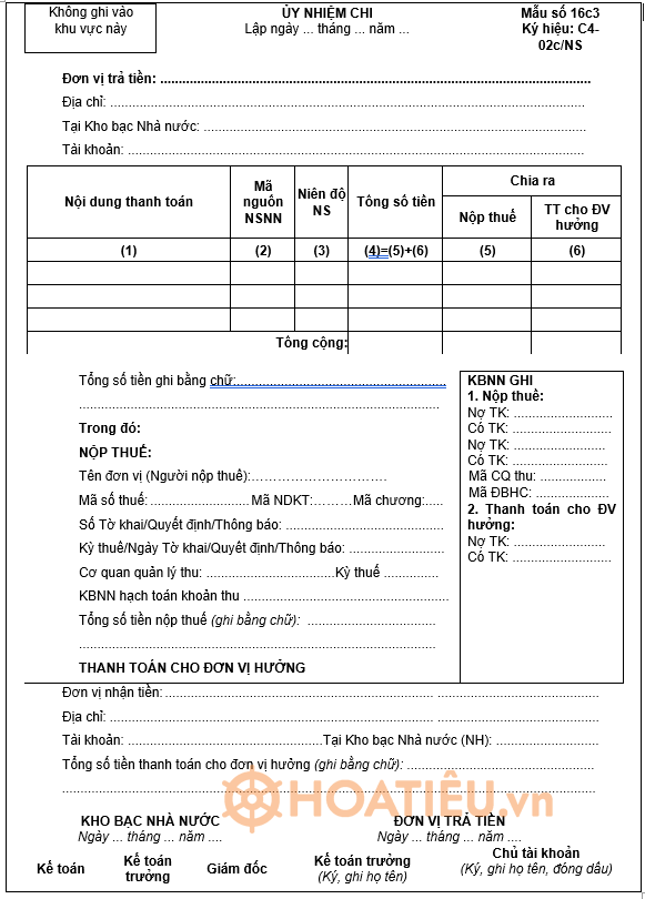 Mẫu ủy nhiệm chi kèm nộp thuế 