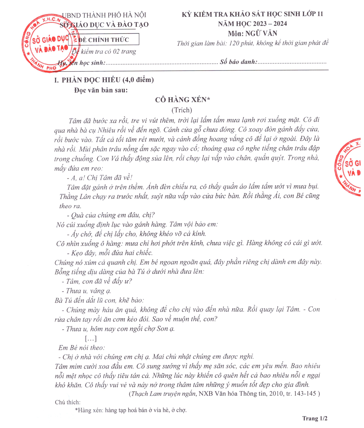 Đáp án đề thi khảo sát lớp 11 Hà Nội Ngữ văn 2024