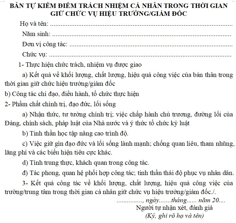 Bản kiểm điểm trách nhiệm cá nhân trong thời gian giữ chức vụ