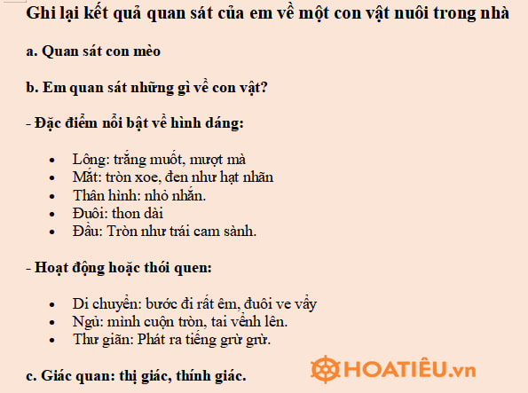  Quan sát một con vật nuôi trong nhà mà em thích và ghi chép lại những điều em quan sát được