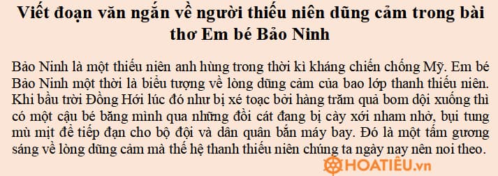 Viết đoạn văn ngắn về người thiếu niên dũng cảm trong bài thơ Em bé Bảo Ninh