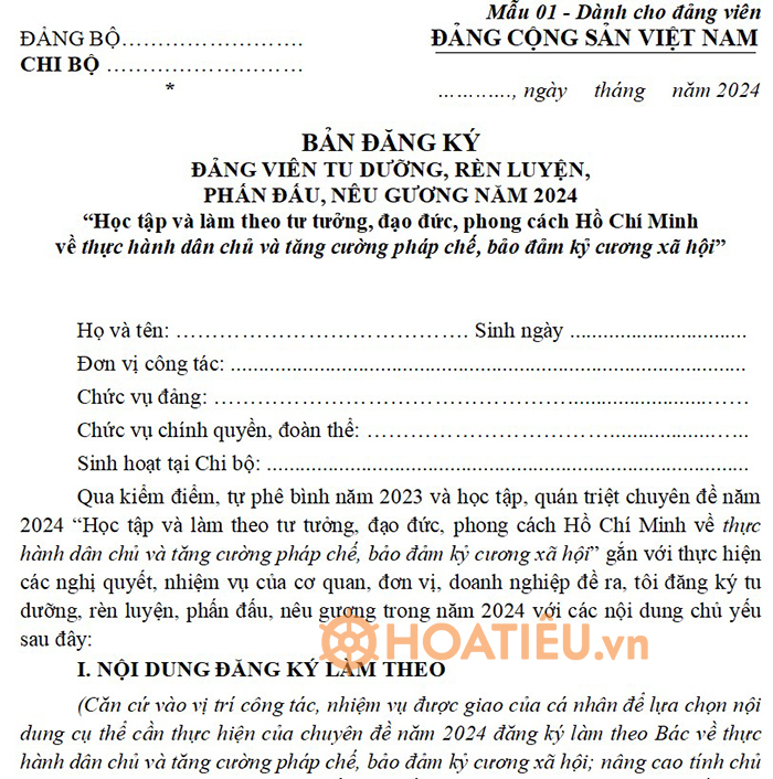 Bản đăng ký học tập và làm theo tư tưởng, đạo đức, phong cách năm 2024