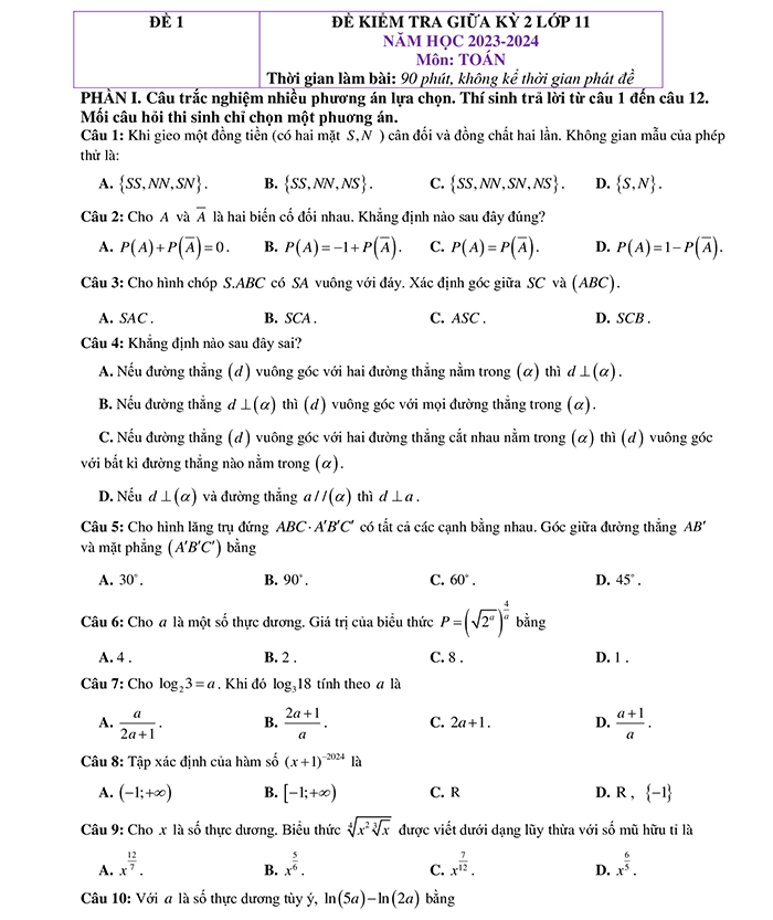 Đề thi giữa kì 2 Toán 11 Cánh Diều có đáp án