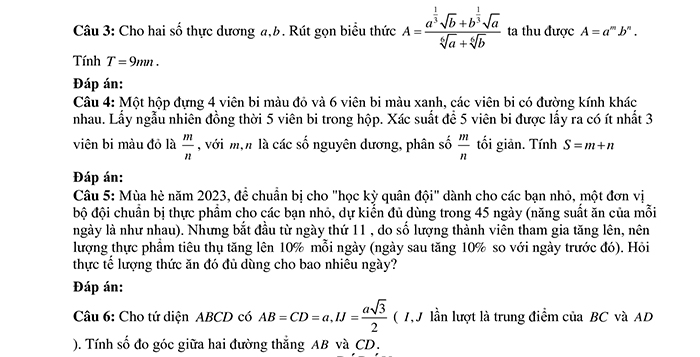 Đề thi giữa kì 2 Toán 11 Cánh Diều có đáp án