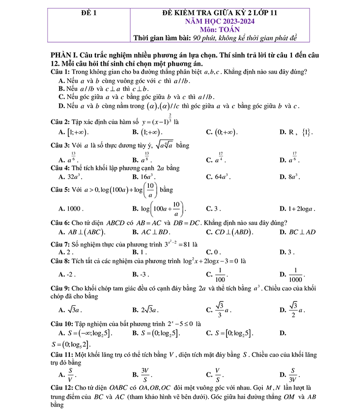 Đề minh họa kiểm tra giữa kì 2 Toán 11 KNTT 