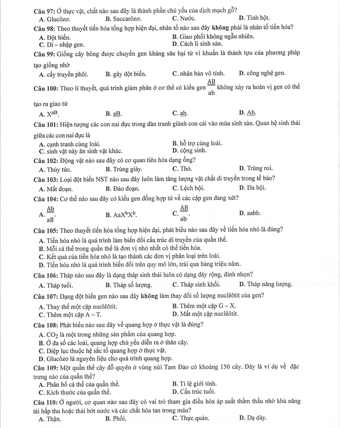 Đề minh họa Sinh 2024 của Bộ giáo dục