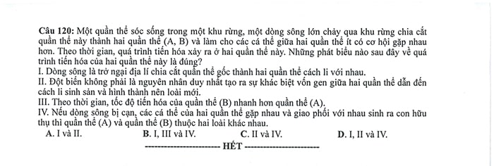 Đề minh họa Sinh 2024 của Bộ giáo dục