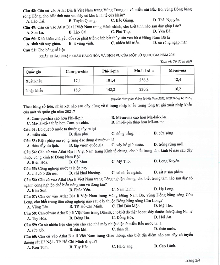 Đề minh họa môn Địa 2024 chính thức của BGD