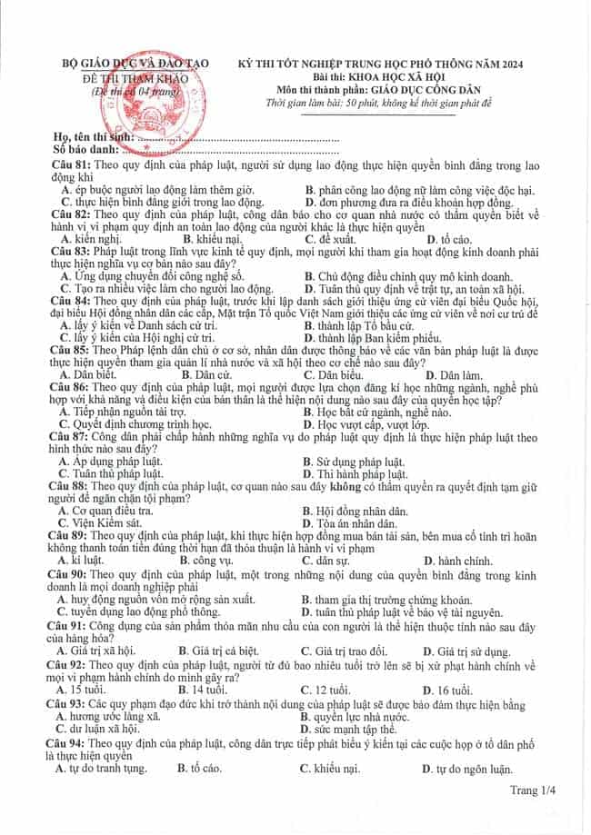 Đề minh họa 2024 môn GDCD