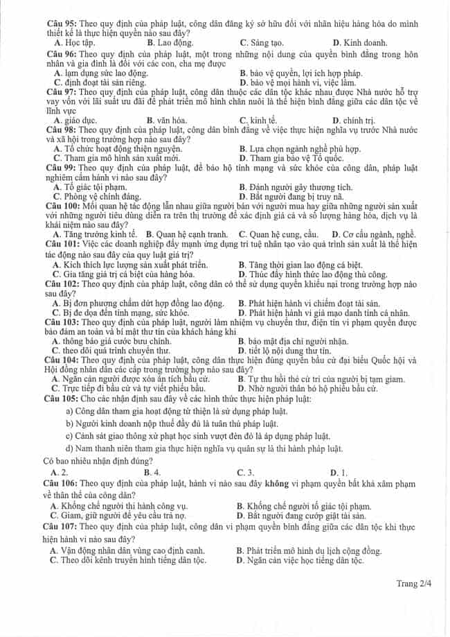 Đề minh họa tốt nghiệp THPT 2024 môn GDCD