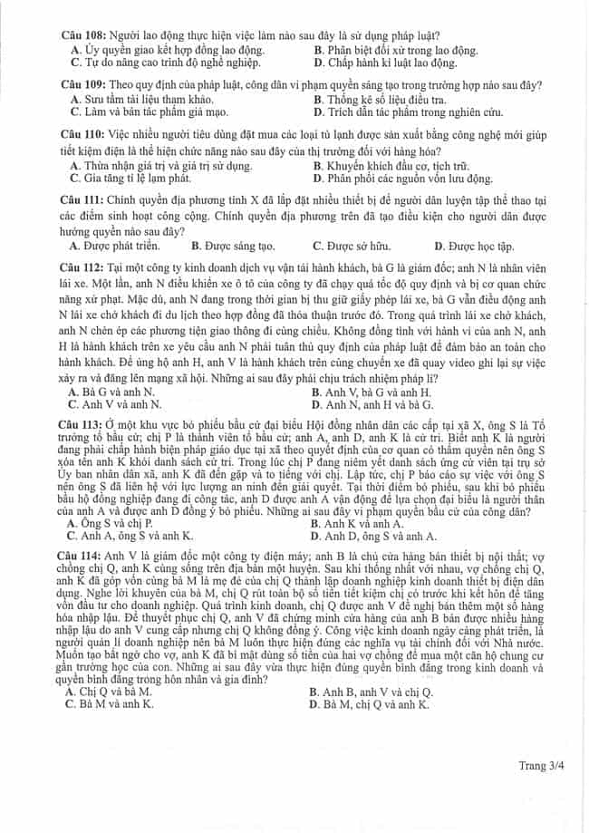 Đáp án đề minh họa 2024 môn Giáo dục công dân