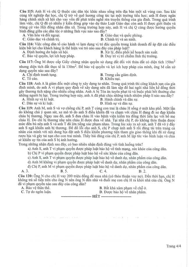 Đáp án đề minh họa 2024 GDCD