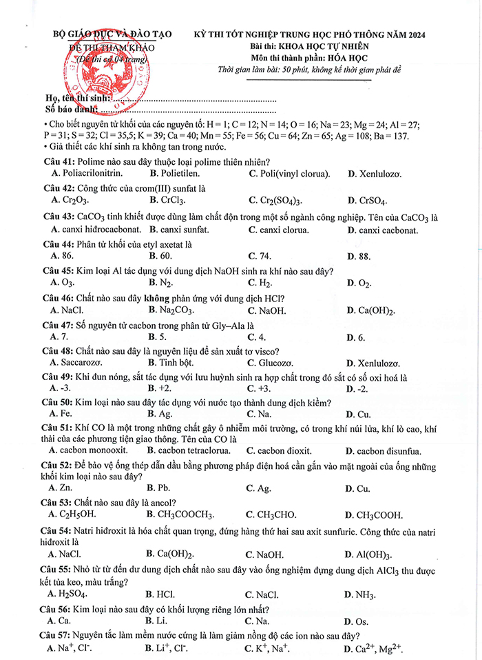 Đề tham khảo môn Hóa 2024 chính thức