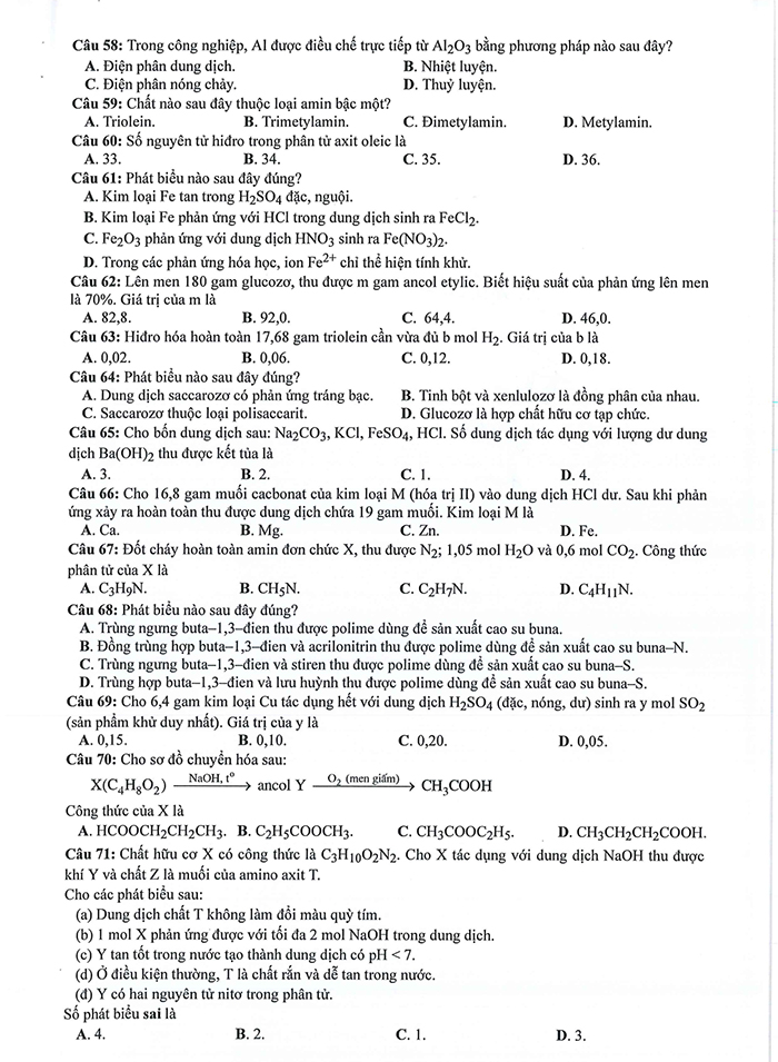 Đề tham khảo môn Hóa 2024 chính thức