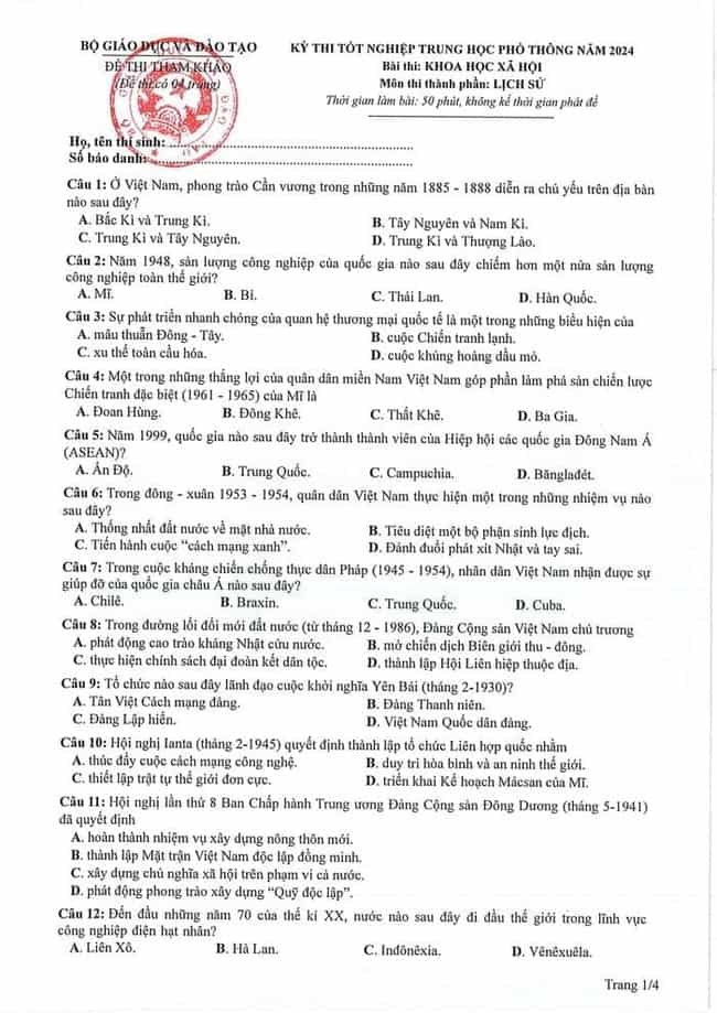 Đề minh họa Sử 2024