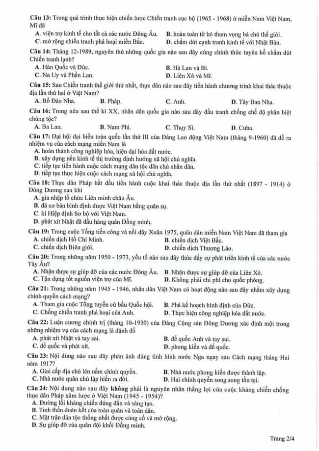 Đề thi minh họa Lịch Sử tốt nghiệp THPT 2024