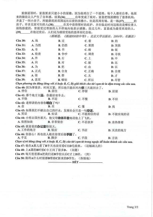 Đề tham khảo môn Tiếng Trung 2024