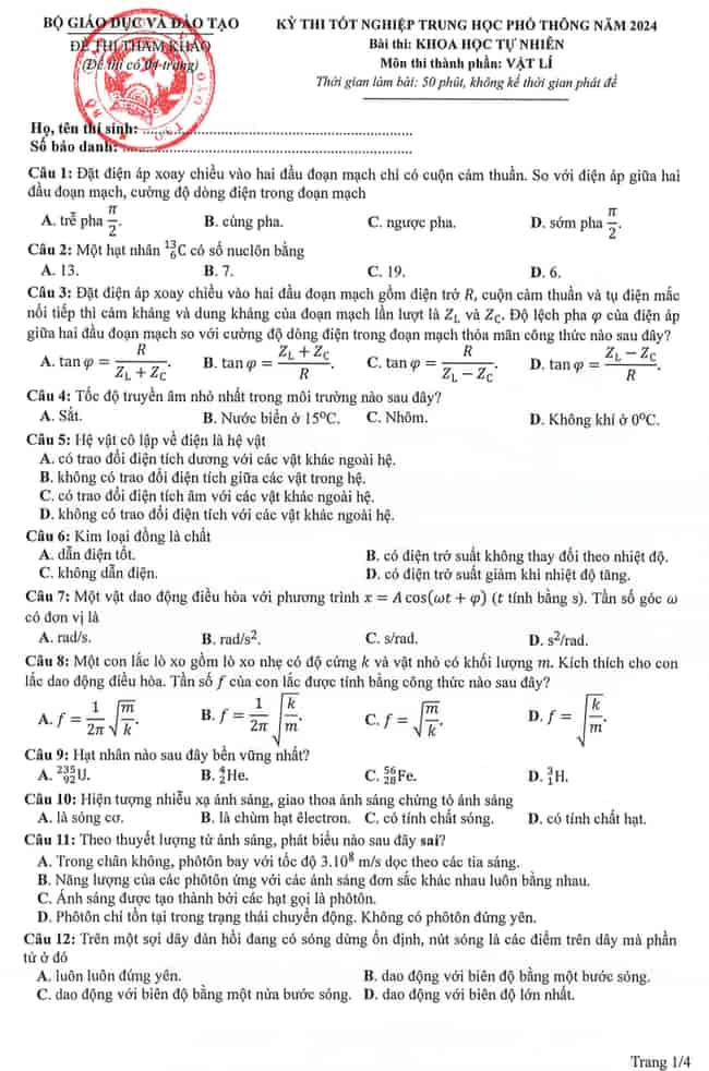 Đề minh họa 2024 môn Vật lý