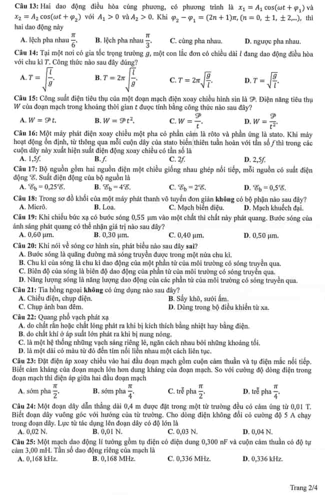 Đề thi tham khảo môn Vật lý tốt nghiệp THPT năm 2024