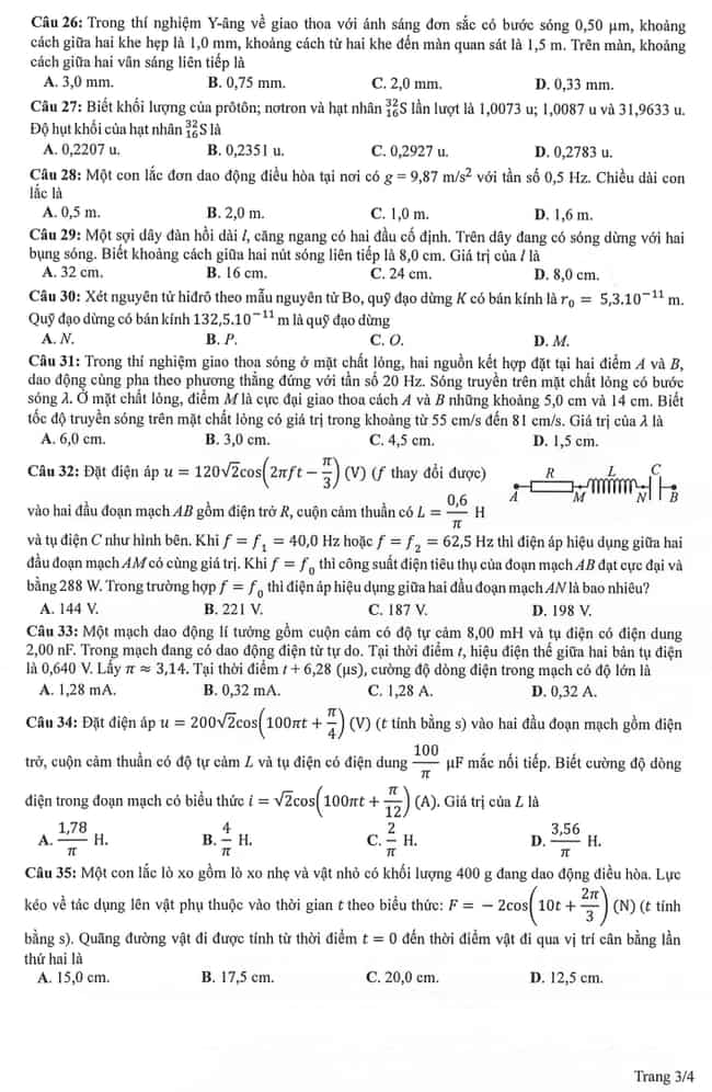 Đề thi minh họa môn Vật lý tốt nghiệp THPT 2024