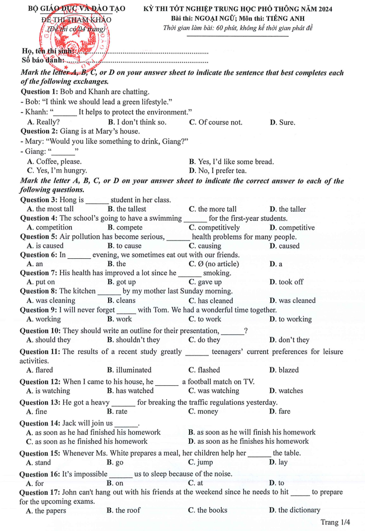 Đề minh họa tiếng Anh 2024 của Bộ giáo dục