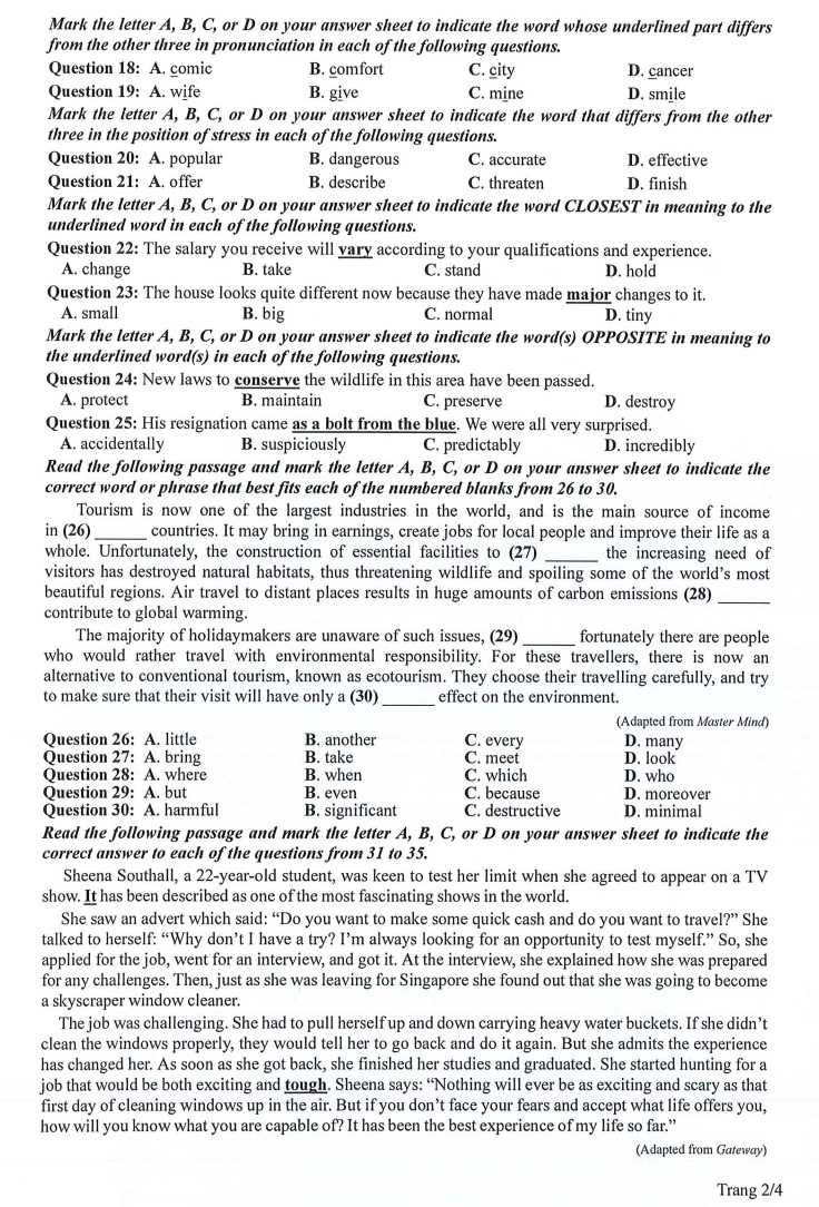 Đề minh họa tiếng Anh 2024 của Bộ giáo dục