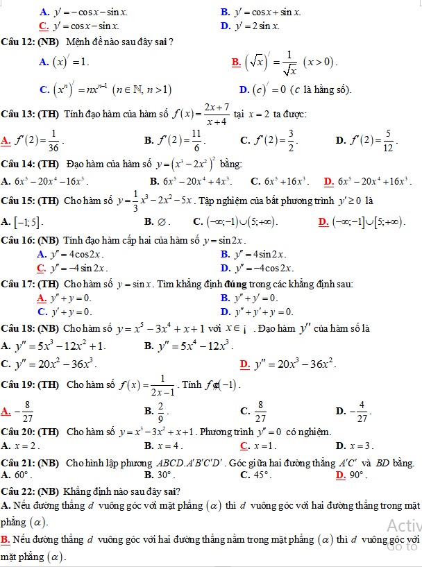 Đề kiểm tra cuối kì 2 Toán 11 Cánh Diều
