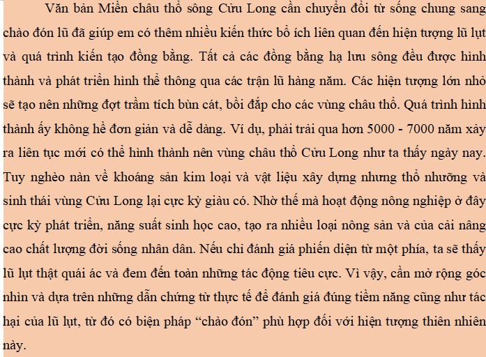 Viết kết nối với đọc bài Miền châu thổ sông Cửu Long