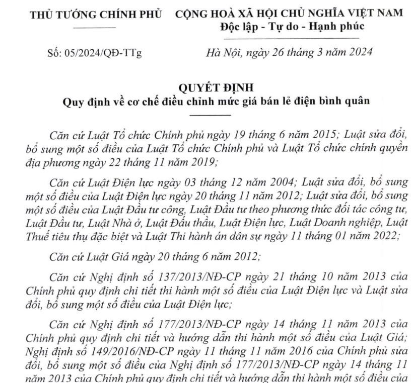 Nội dung Quyết định số 05/2024/QĐ-TTg