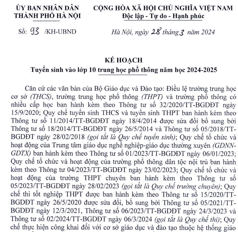 Kế hoạch tuyển sinh vào lớp 10 trung học phổ thông năm học 2024-2025 Hà Nội