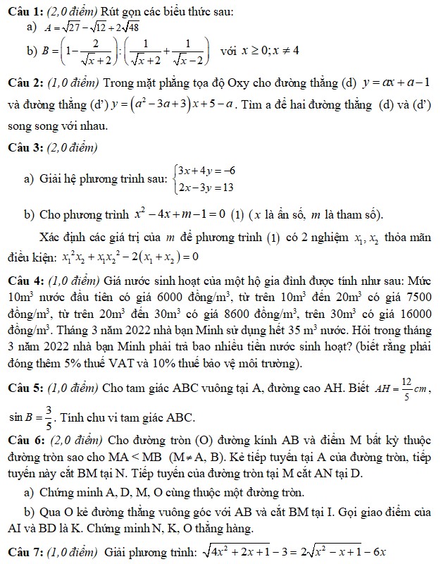Đề kiểm tra học kì 2 Toán 9 có đáp án