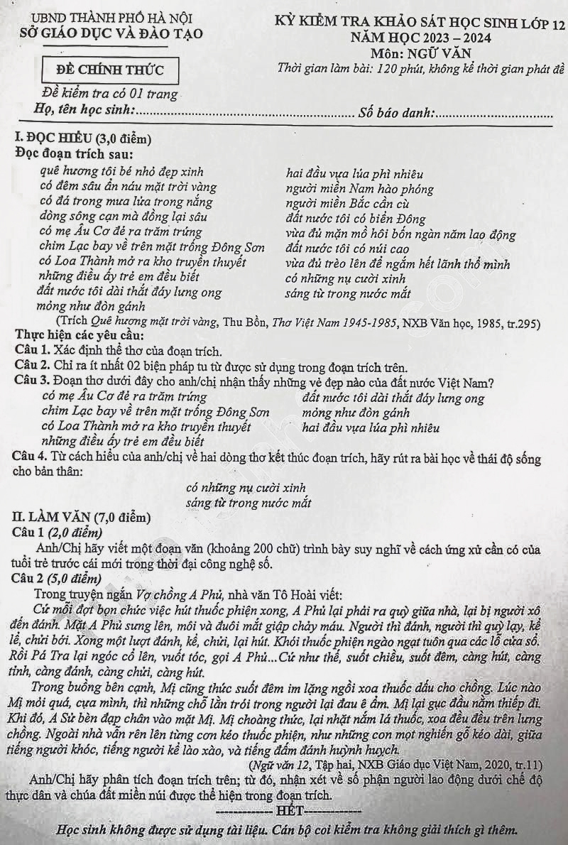 Đề thi khảo sát lớp 12 môn Văn Hà Nội 2024