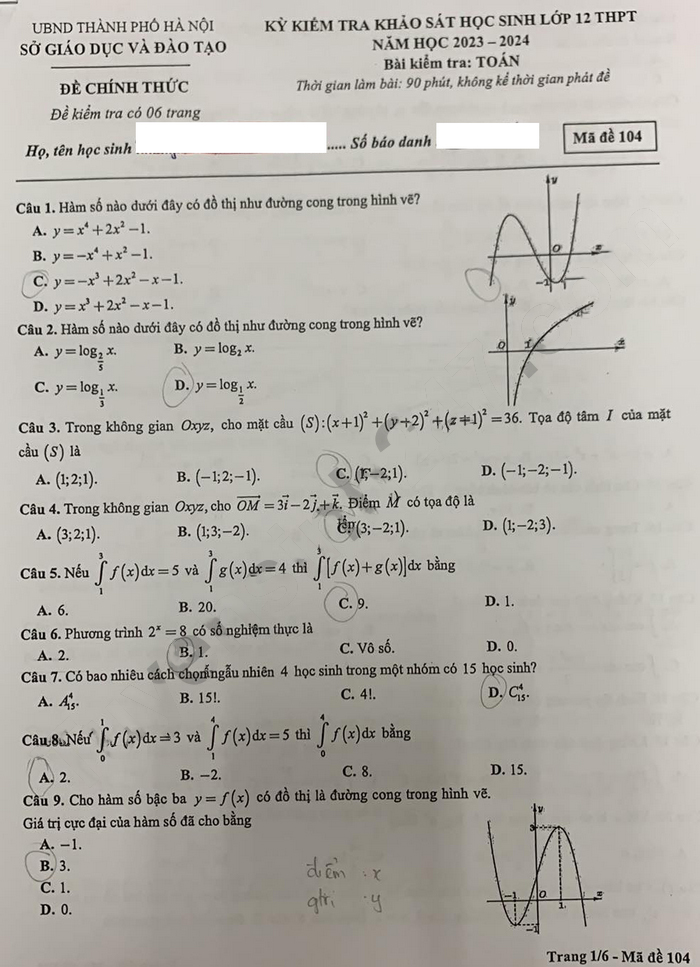 Đề thi thử Toán Hà Nội 2024 lớp 12 - mã đề 104